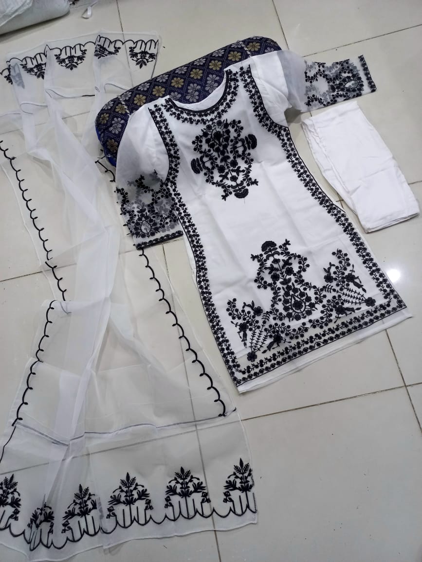Front Heavy Embroidery Shirt With Frill Style Embroidered Dupatta 3PCs