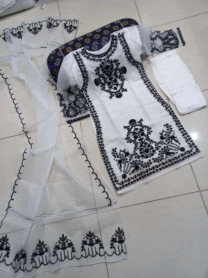 Front Heavy Embroidery Shirt With Frill Style Embroidered Dupatta 3PCs