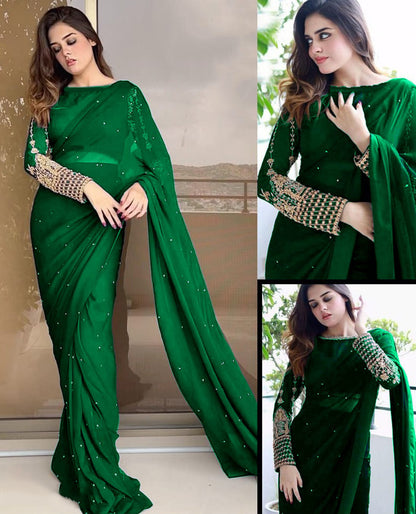 Multi Sequence Embroidery Blouse with Petticoat and Pearls Attached Saree