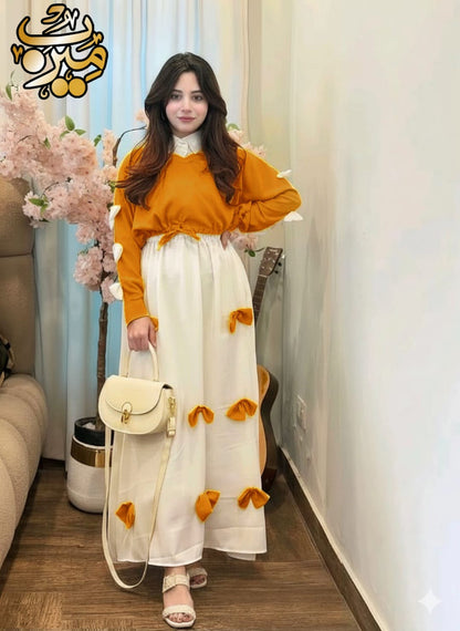 Premium Georgette Gelegant V Neck Bow Stitched On Sleeves Top With Contrast Bow Stitch On Maxi Long Flare 2Pcs