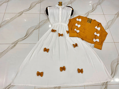 Premium Georgette Gelegant V Neck Bow Stitched On Sleeves Top With Contrast Bow Stitch On Maxi Long Flare 2Pcs