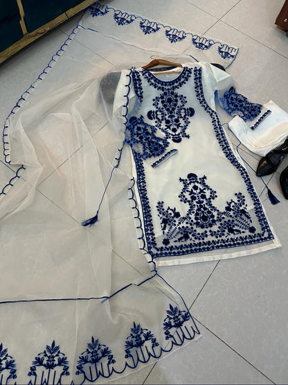 Front Heavy Embroidery Shirt With Frill Style Embroidered Dupatta 3PCs