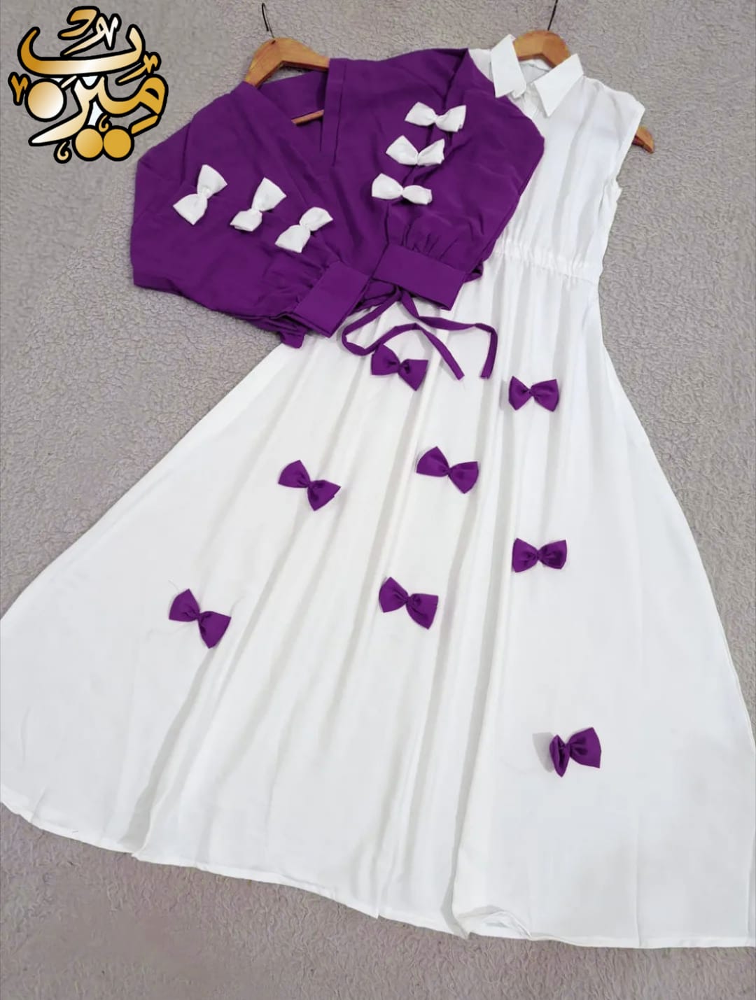 Premium Georgette Gelegant V Neck Bow Stitched On Sleeves Top With Contrast Bow Stitch On Maxi Long Flare 2Pcs