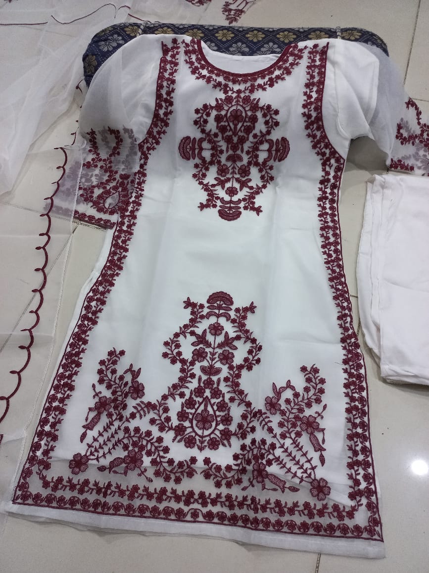 Front Heavy Embroidery Shirt With Frill Style Embroidered Dupatta 3PCs