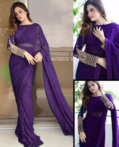 Multi Sequence Embroidery Blouse with Petticoat and Pearls Attached Saree