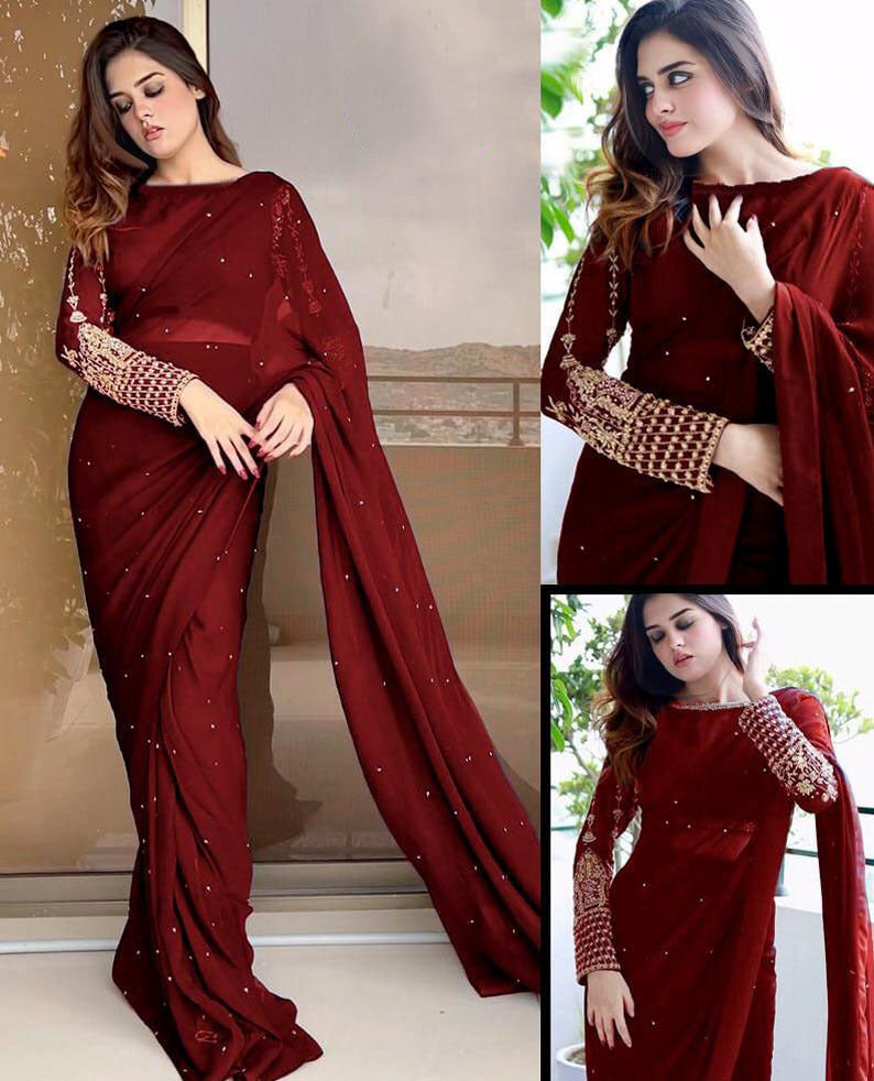 Multi Sequence Embroidery Blouse with Petticoat and Pearls Attached Saree