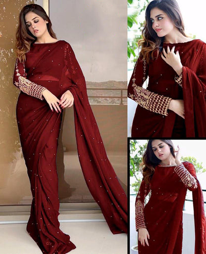 Multi Sequence Embroidery Blouse with Petticoat and Pearls Attached Saree