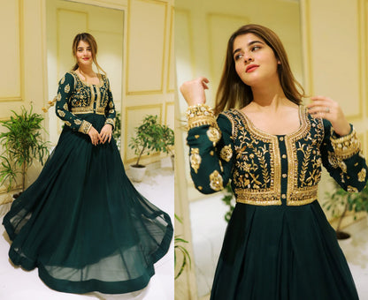 Front Sequence Neck and Sleeves Embroidered Maxi and Trouser 2PCs