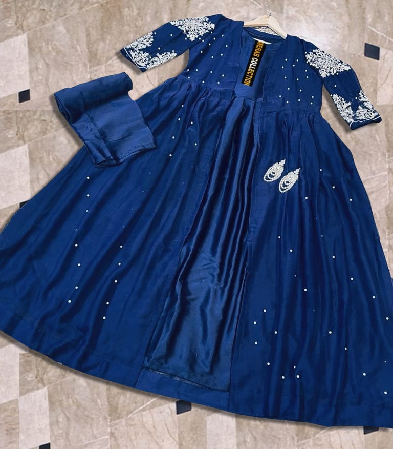 Heavy Embroidered With Front And Back Pearls Attached Gown With Long Maxi Trouser 3Piece