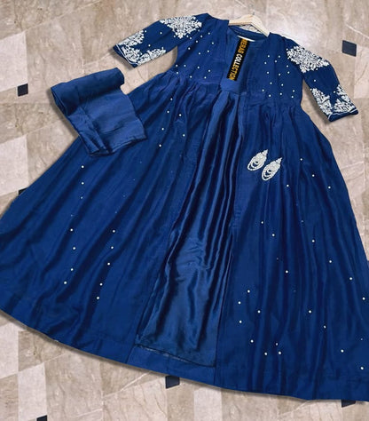 Heavy Embroidered With Front And Back Pearls Attached Gown With Long Maxi Trouser 3Piece