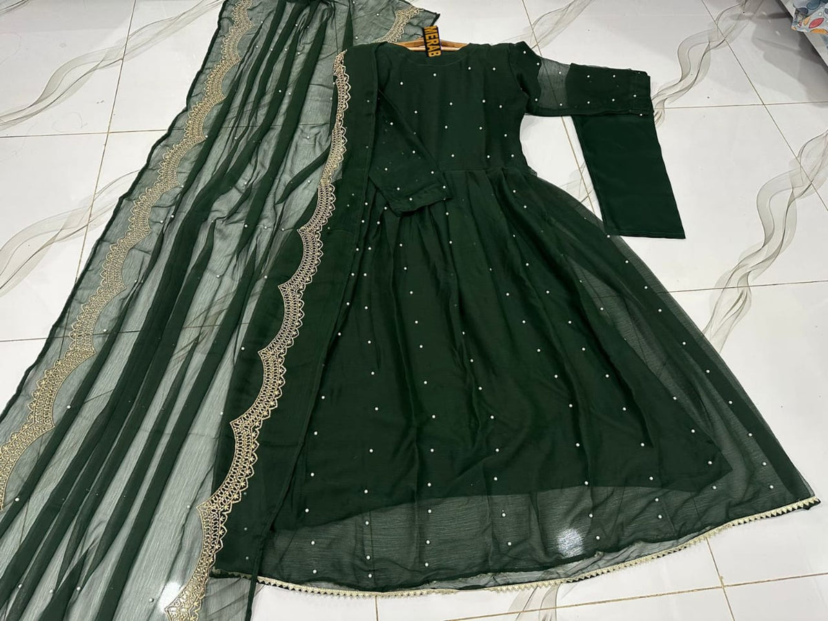 Front And Back Pearls And Lace Work Long Flare Maxi With Embroidered And Pearls Work dupatta 3pcs