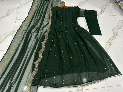 Front And Back Pearls And Lace Work Long Flare Maxi With Embroidered And Pearls Work dupatta 3pcs