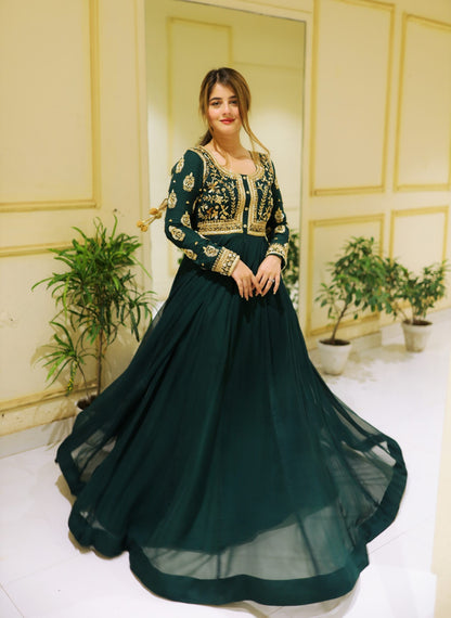 Front Sequence Neck and Sleeves Embroidered Maxi and Trouser 2PCs