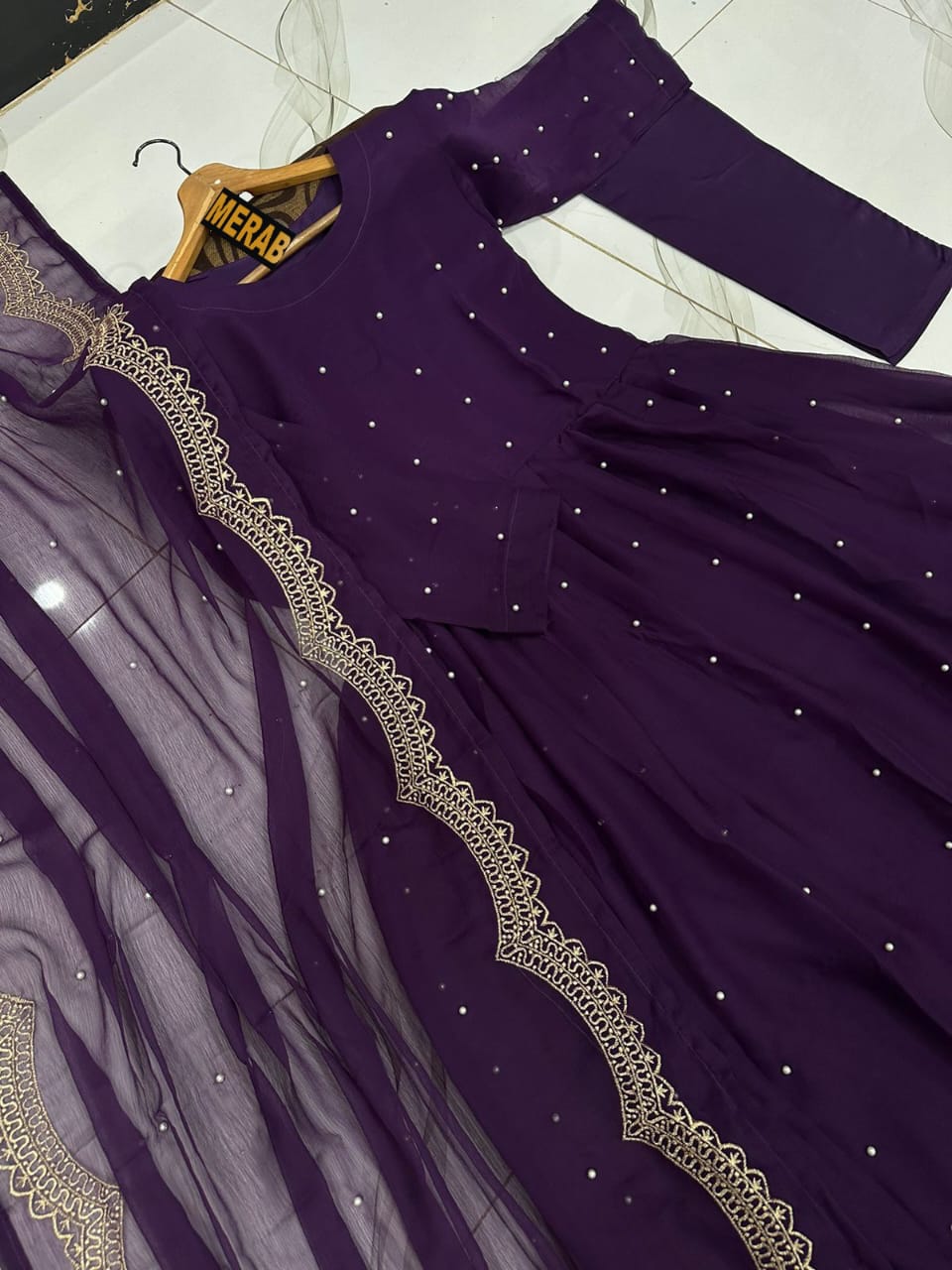 Front And Back Pearls And Lace Work Long Flare Maxi With Embroidered And Pearls Work dupatta 3pcs