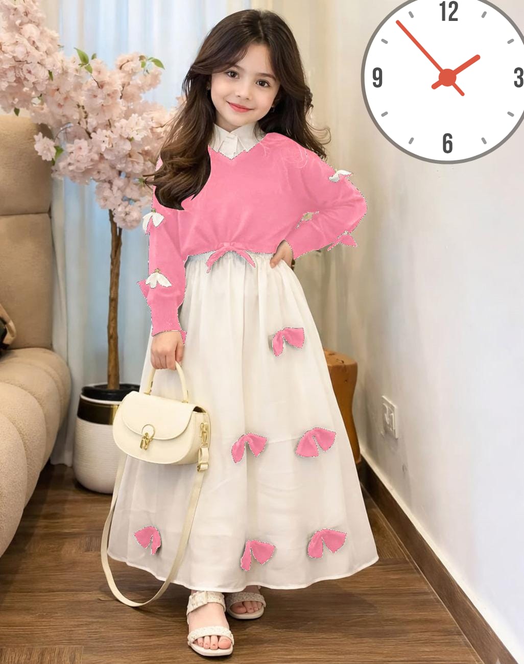 Premium Georgette Elegant V Neck Bow Stitch On Sleeves Top With Contrast Bow Stitch On Maxi Kids Wastern 2Pcs