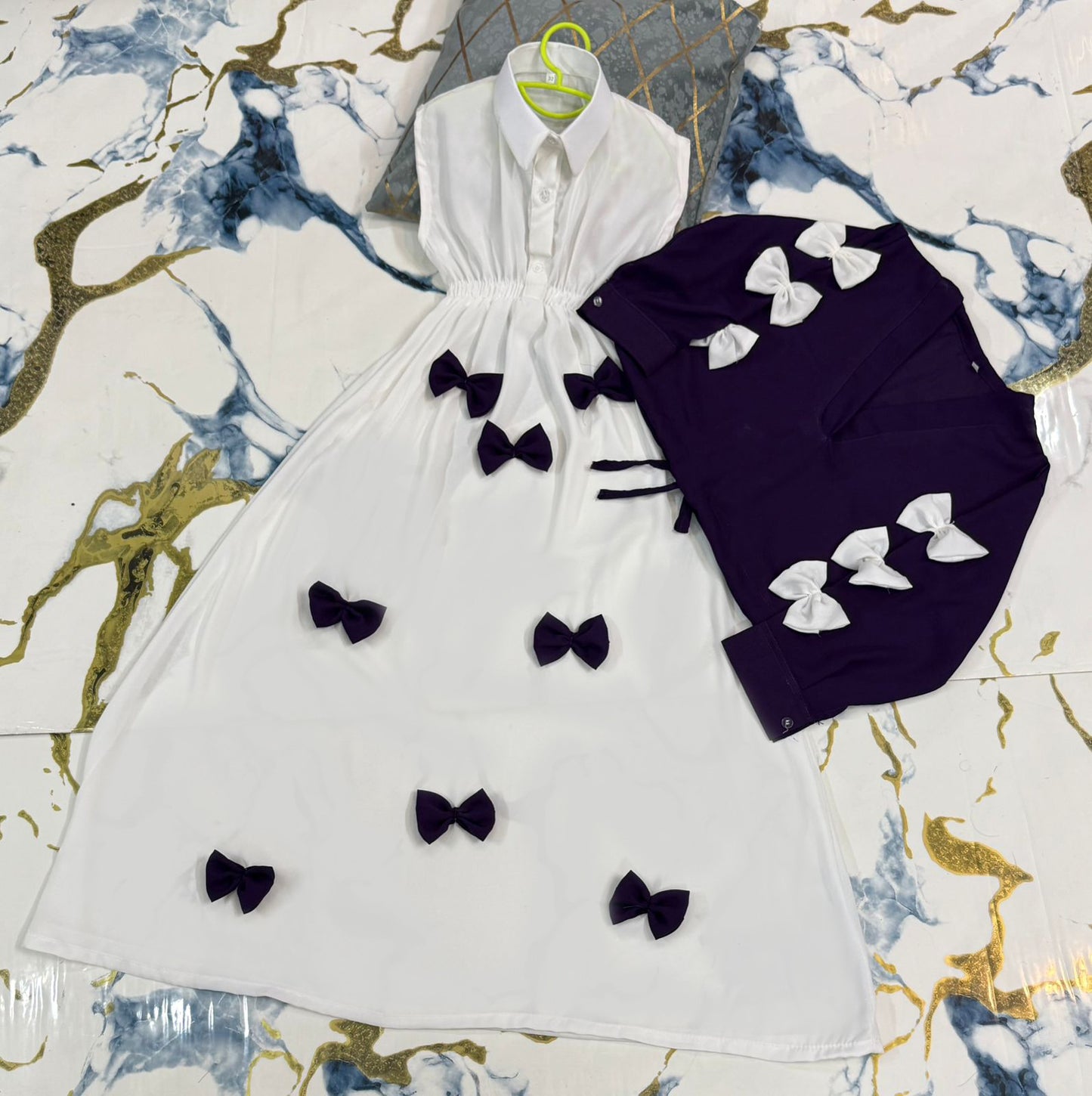 Premium Georgette Elegant V Neck Bow Stitch On Sleeves Top With Contrast Bow Stitch On Maxi Kids Wastern 2Pcs