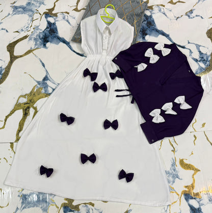 Premium Georgette Elegant V Neck Bow Stitch On Sleeves Top With Contrast Bow Stitch On Maxi Kids Wastern 2Pcs