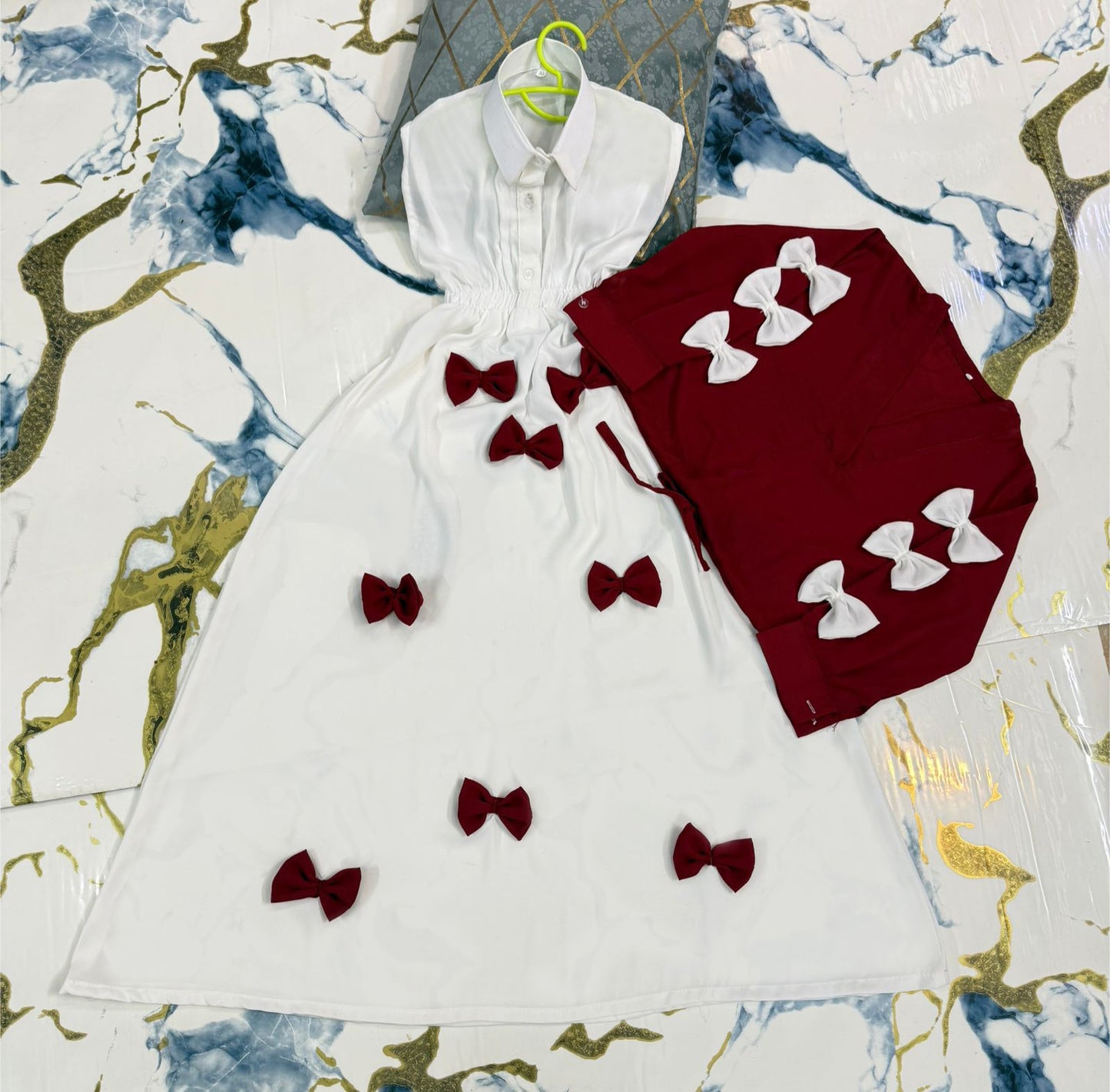 Premium Georgette Elegant V Neck Bow Stitch On Sleeves Top With Contrast Bow Stitch On Maxi Kids Wastern 2Pcs
