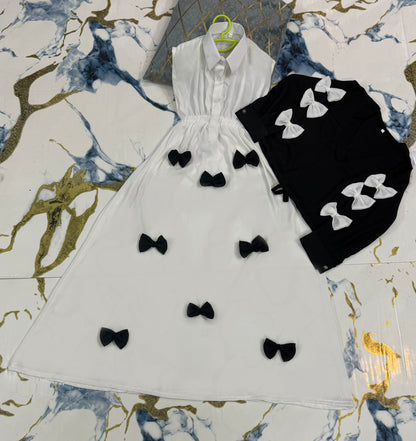Premium Georgette Elegant V Neck Bow Stitch On Sleeves Top With Contrast Bow Stitch On Maxi Kids Wastern 2Pcs
