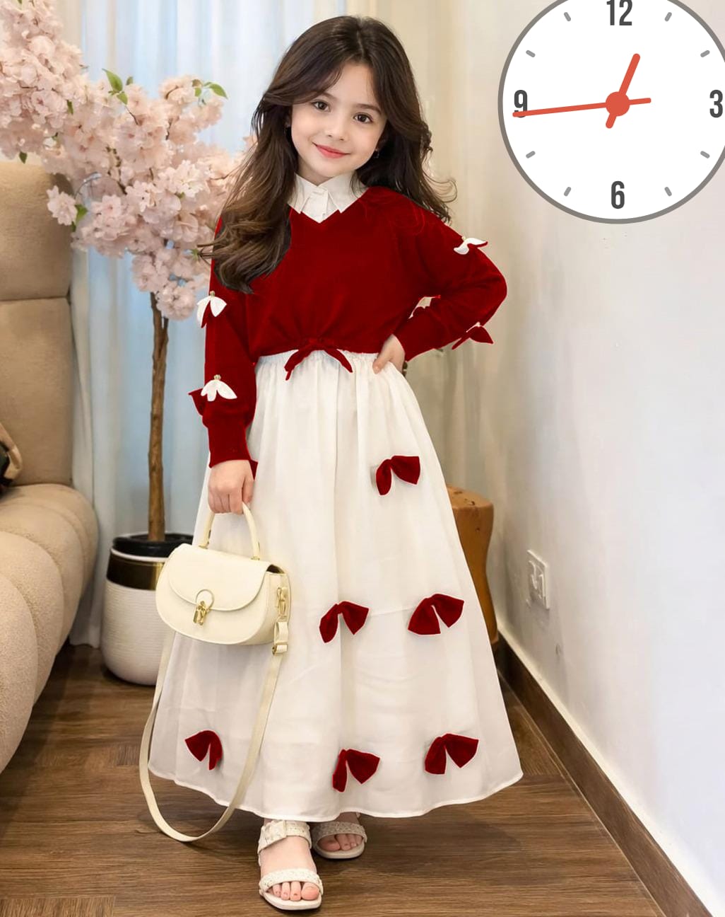 Premium Georgette Elegant V Neck Bow Stitch On Sleeves Top With Contrast Bow Stitch On Maxi Kids Wastern 2Pcs