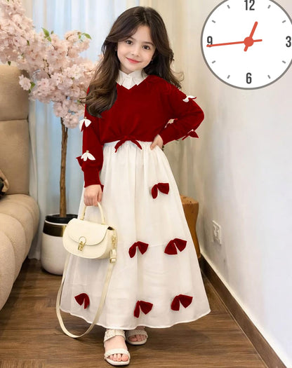Premium Georgette Elegant V Neck Bow Stitch On Sleeves Top With Contrast Bow Stitch On Maxi Kids Wastern 2Pcs