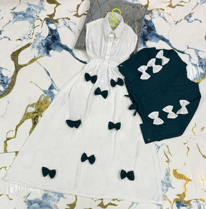 Premium Georgette Elegant V Neck Bow Stitch On Sleeves Top With Contrast Bow Stitch On Maxi Kids Wastern 2Pcs
