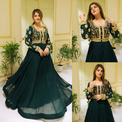 Front Sequence Neck and Sleeves Embroidered Maxi and Trouser 2PCs