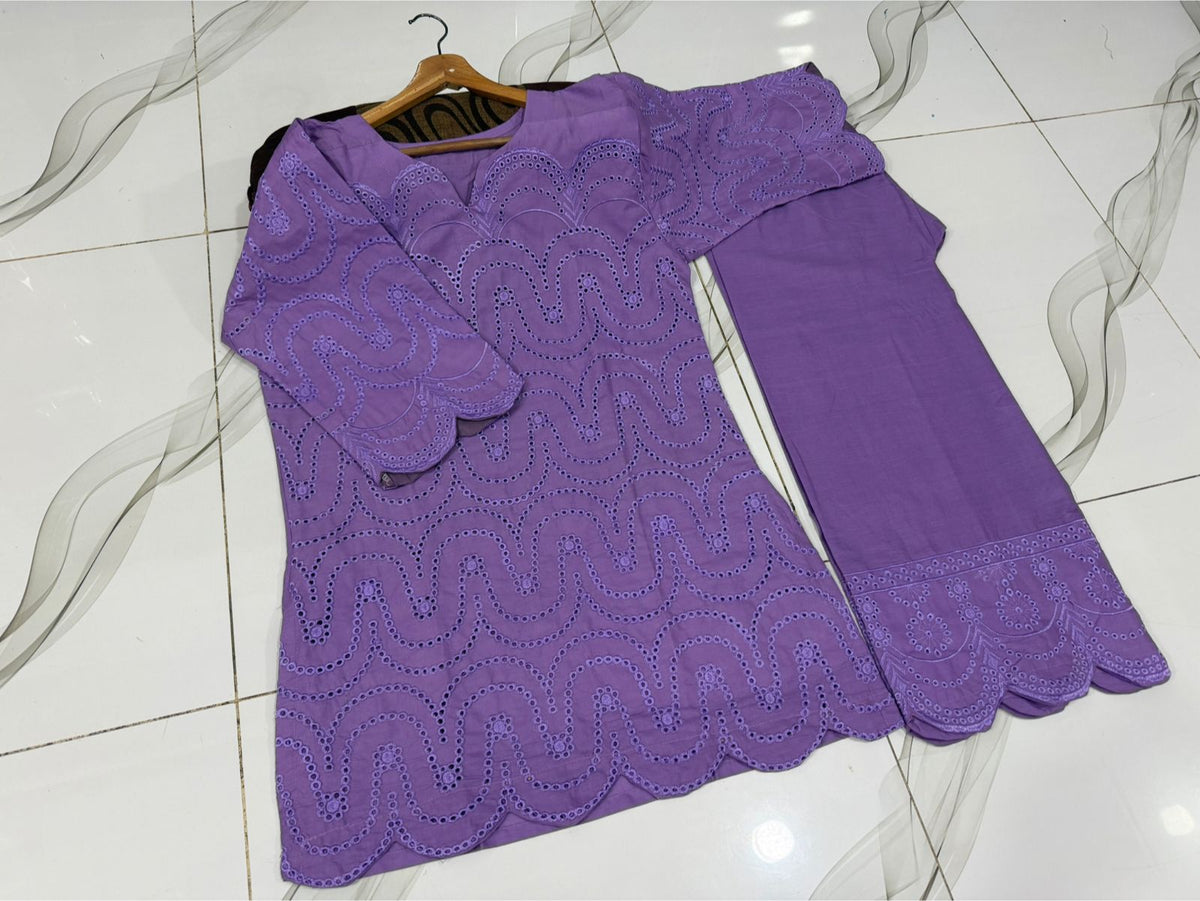 Sleeves,Border Kayawork With Front All'over Chikinkari Embroidery Shirt And Border Chikinkari Emb Flapper 2Pcs