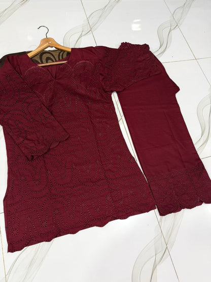 Sleeves,Border Kayawork With Front All'over Chikinkari Embroidery Shirt And Border Chikinkari Emb Flapper 2Pcs