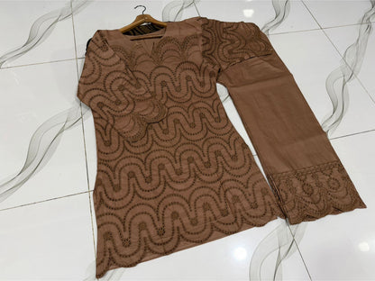 Sleeves,Border Kayawork With Front All'over Chikinkari Embroidery Shirt And Border Chikinkari Emb Flapper 2Pcs