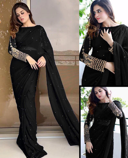 Multi Sequence Embroidery Blouse with Petticoat and Pearls Attached Saree