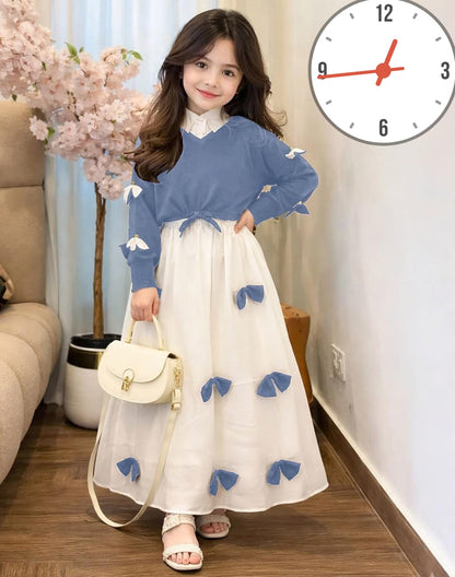 Premium Georgette Elegant V Neck Bow Stitch On Sleeves Top With Contrast Bow Stitch On Maxi Kids Wastern 2Pcs