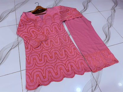 Sleeves,Border Kayawork With Front All'over Chikinkari Embroidery Shirt And Border Chikinkari Emb Flapper 2Pcs